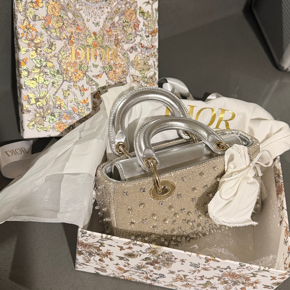 DIOR LADY D-JOY MICRO BAG SILVER-GOLD HW SATIN GRADIENT BEAD EMBROIDERY PRELOVED - Picture 2 of 13